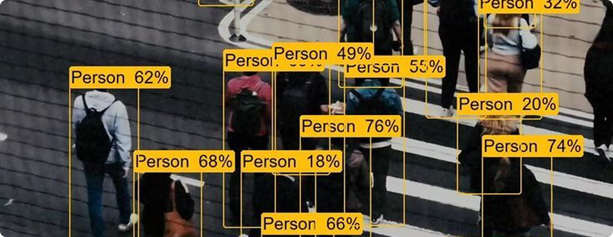 Pedestrian crosswalk with AI object-detection labels on people